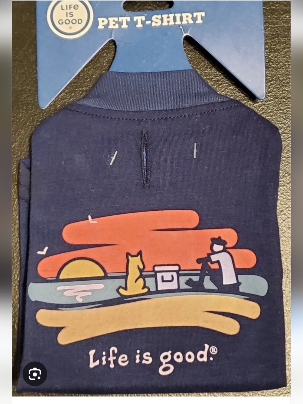 Life Is Good Navy Pet T-Shirt with Sunset Fishing Graphic